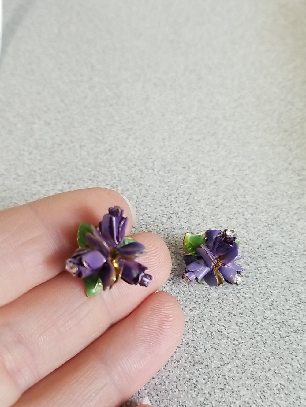 Vintage Purple Enamel Flower With Iridescent Crystal Stud Earrings